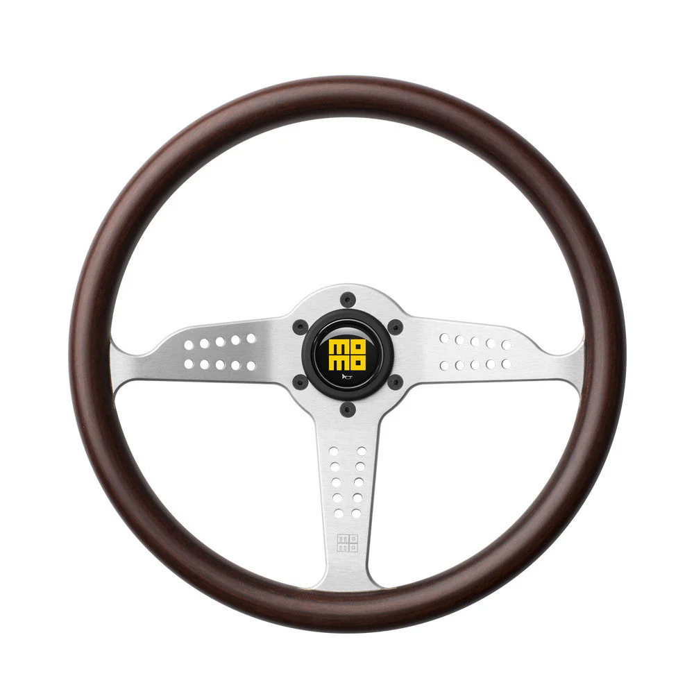 Momo Grand Prix Steering Wheel - Mahogany Wood/Silver Spoke 350mm Diameter